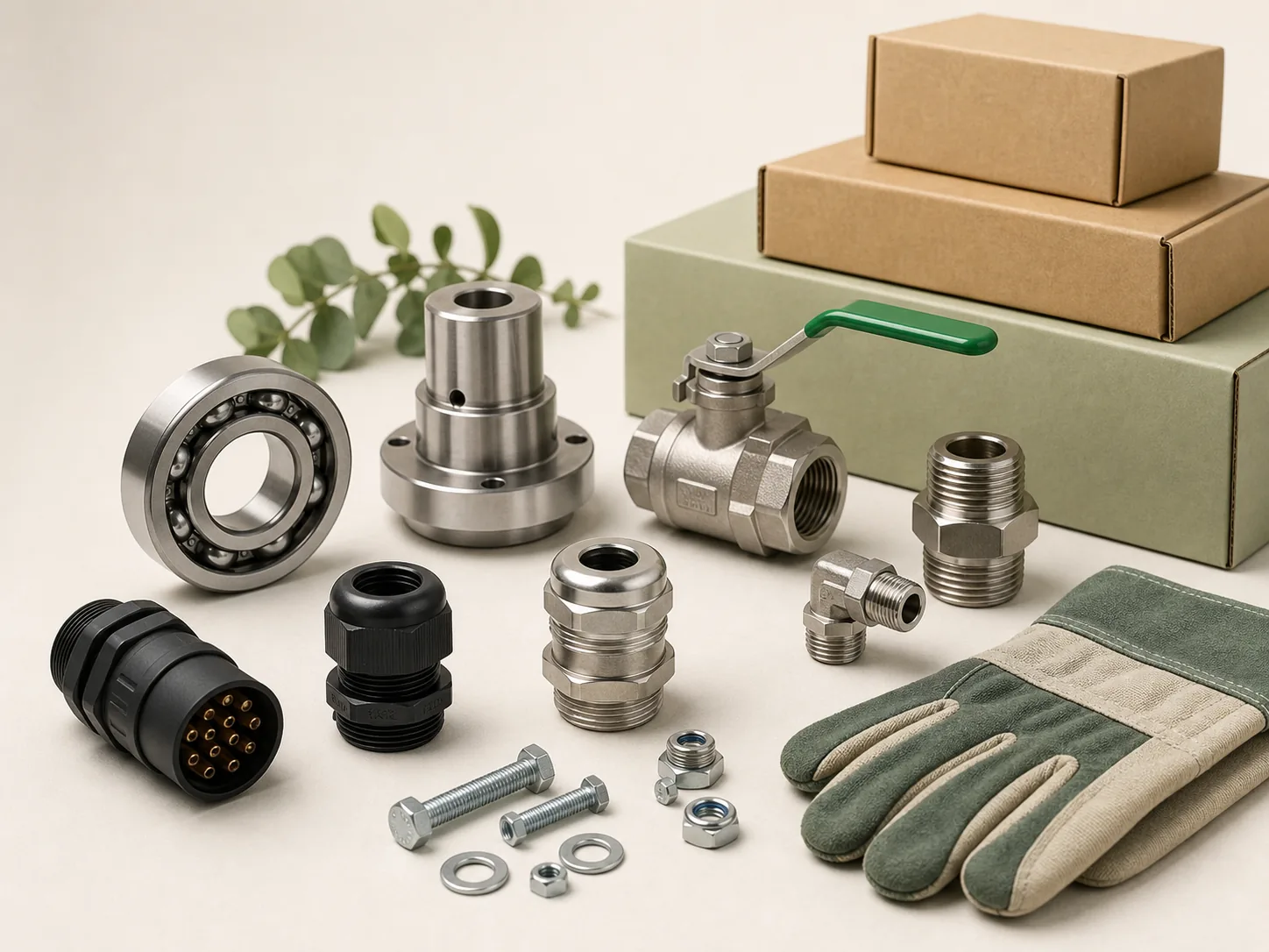 Industrial bearings, valves, fittings, connectors, fasteners and export packaging for B2B product sourcing